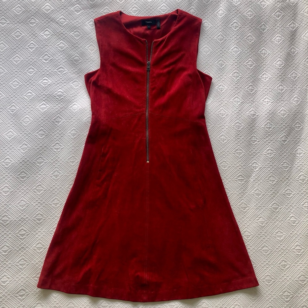 Theory Red/Burgundy Bonbi Front Zipper Dress, 100% Suede (Lamb Leather)